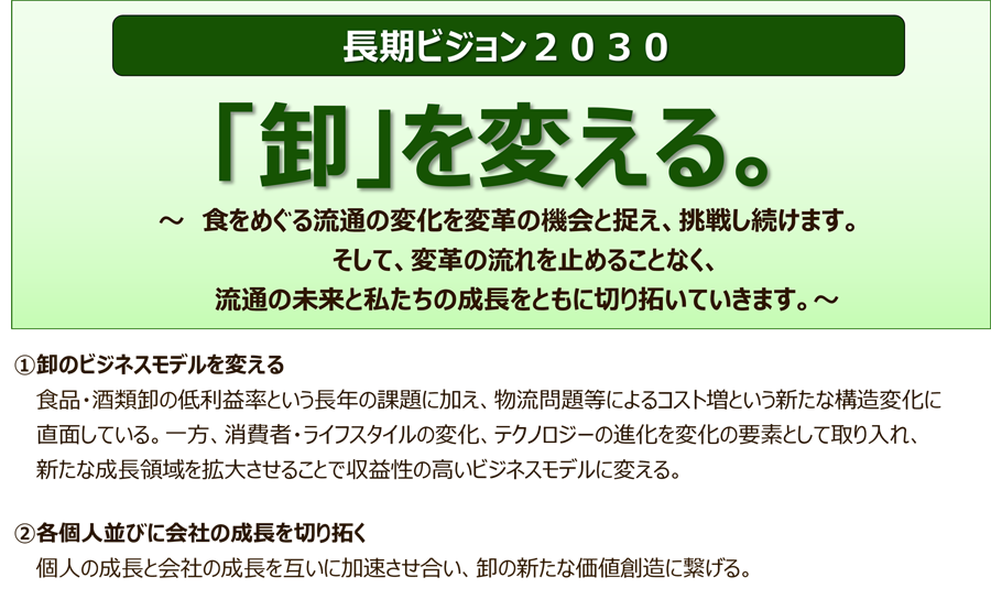 長期ビジョン２０３０　「卸」を変える。　～　食をめぐる流通の変化を変革の機会と捉え、挑戦し続けます。そして、変革の流れを止めることなく、流通の未来と私たちの成長をともに切り拓いていきます。～ 　①卸のビジネスモデルを変える 食品・酒類卸の低利益率という長年の課題に加え、物流問題等によるコスト増という新たな構造変化に直面している。一方、消費者・ライフスタイルの変化、テクノロジーの進化を変化の要素として取り入れ、新たな成長領域を拡大させることで収益性の高いビジネスモデルに変える。 ②各個人並びに会社の成長を切り拓く 個人の成長と会社の成長を互いに加速させ合い、卸の新たな価値創造に繋げる。